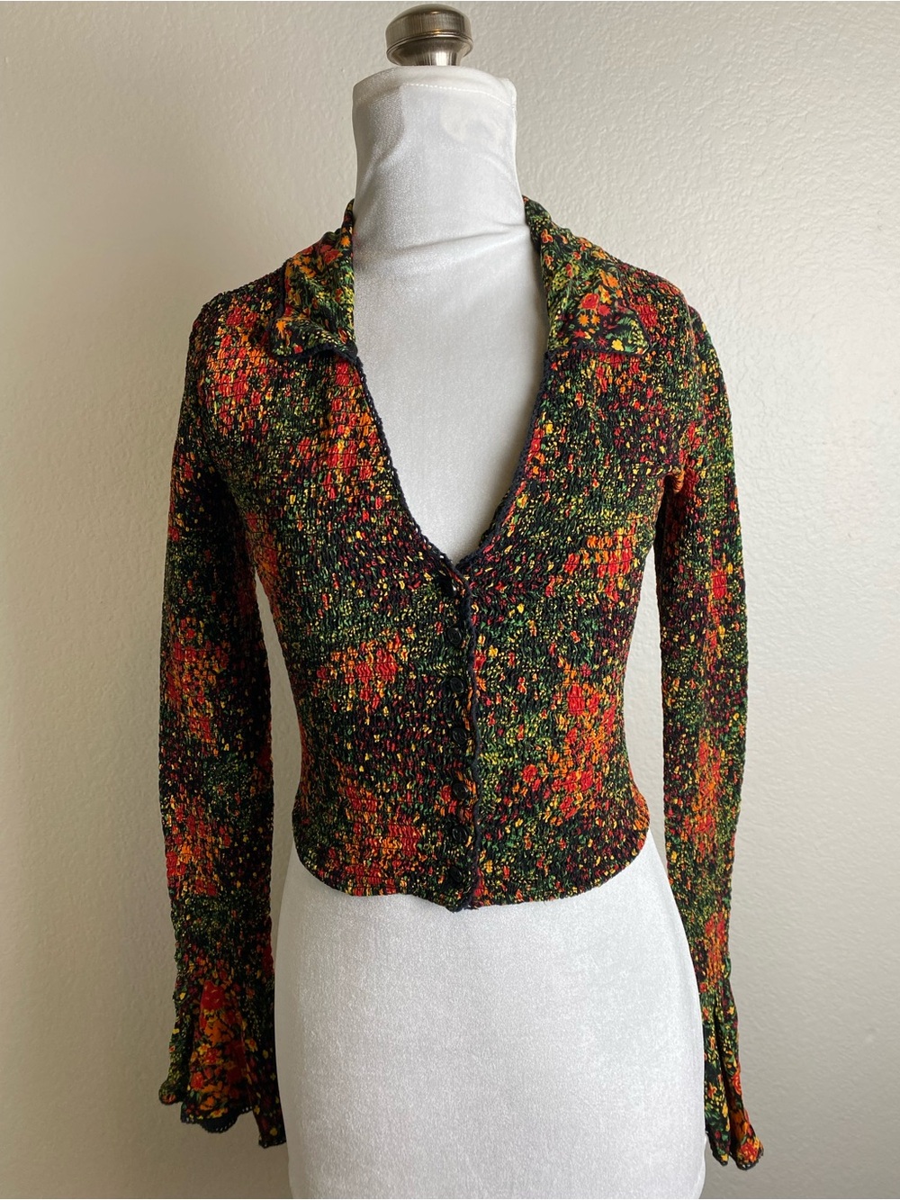 Free People Amelia Floral Print Smocked Knit Button Top w Bell Sleeves